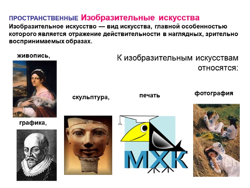 ПРОСТРАНСТВЕННЫЕ Изобразительные искусства Изобразительное искусство — вид искусства, главной особенностью которого является отражение действительности ПРОСТРАНСТВЕННЫЕ Изобразительные искусства Изобразительное искусство — вид искусства, главной особенностью которого является отражение действительности